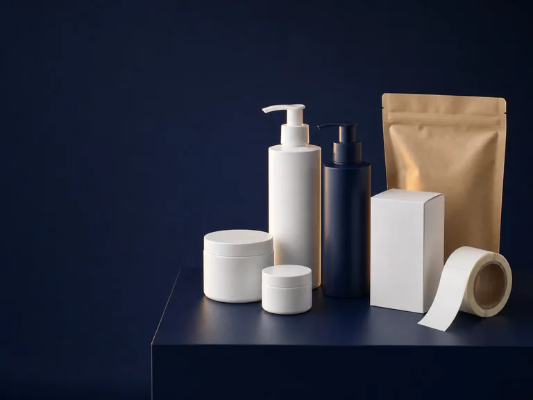 Blank bottles, jars, a carton and a pouch, ready for a customer's own brand.